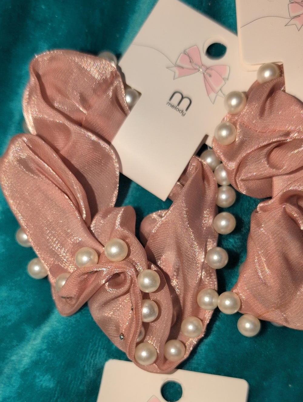Pink Pearl-Embellished Scrunchie Set Of 2